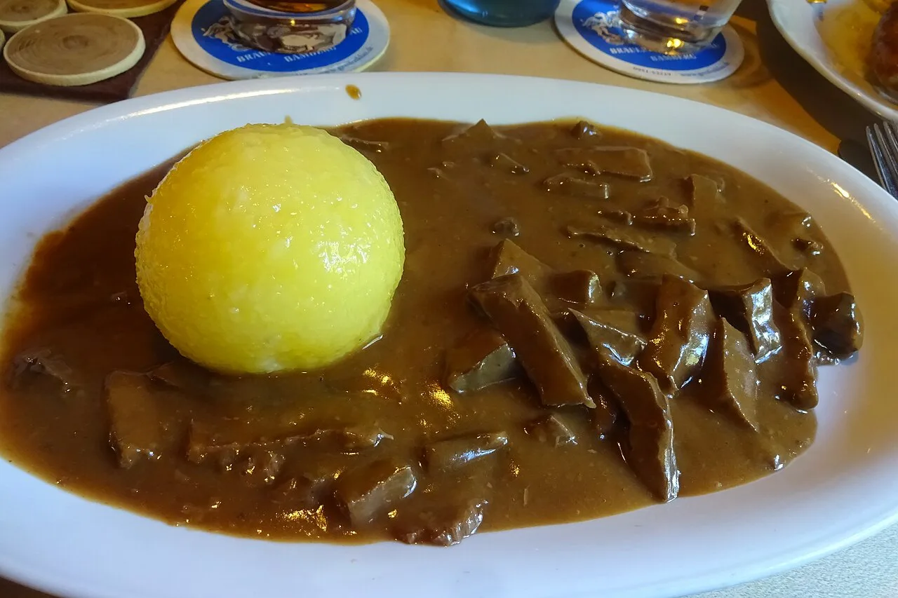Sour beef heart with a potato dumpling at Brauerei Greifenklau, Bamberg.