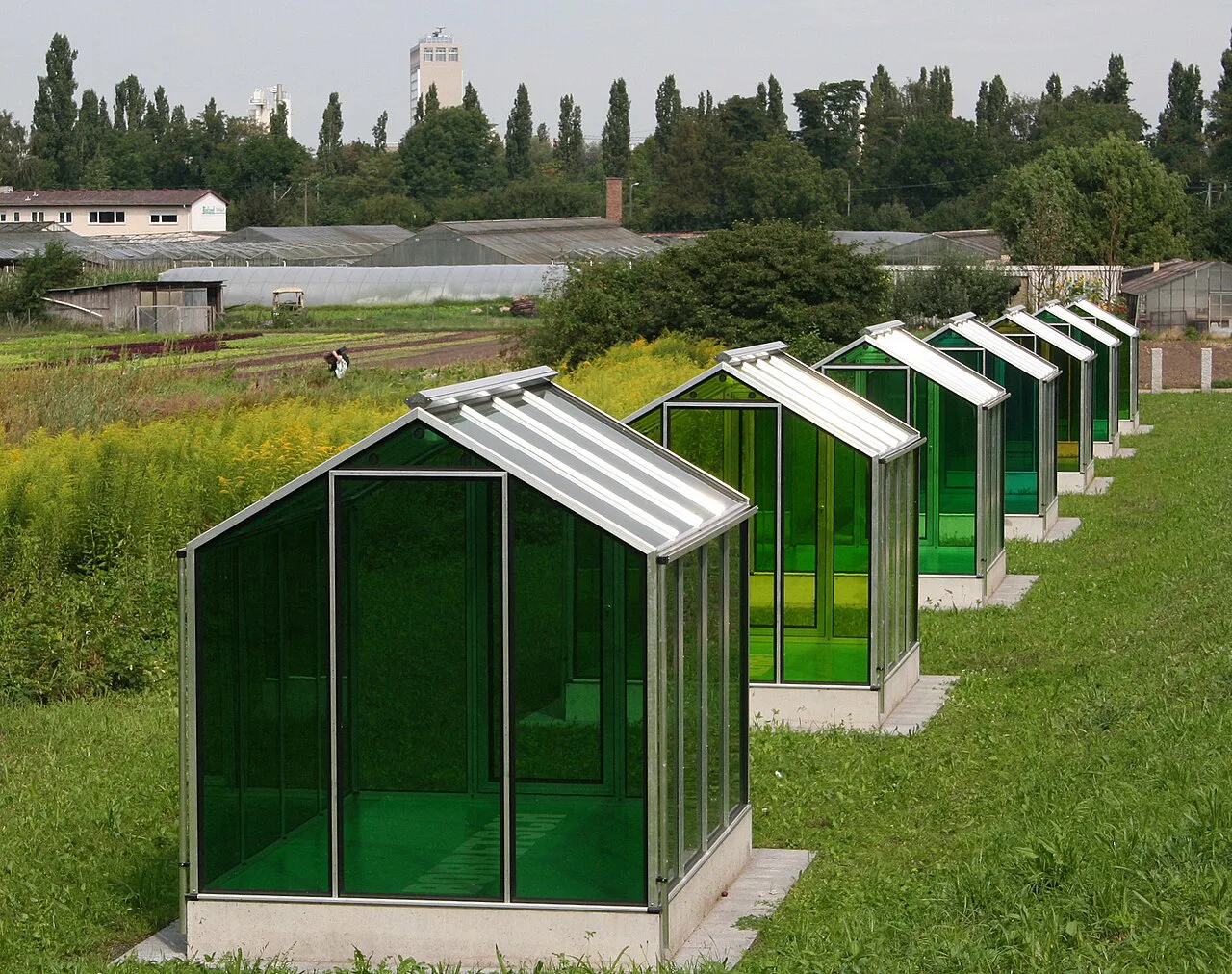 The Green Sauce Monument of colored glasshouses in Oberrad, Frankfurt.