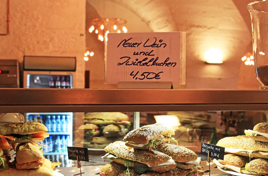 New wine and onion cakes at the café at Heidelberg Castle.