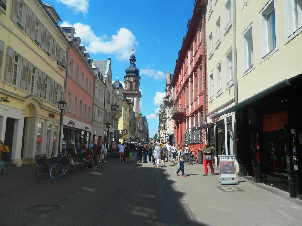 A shop-lined street in the old town, Heidelberg.
