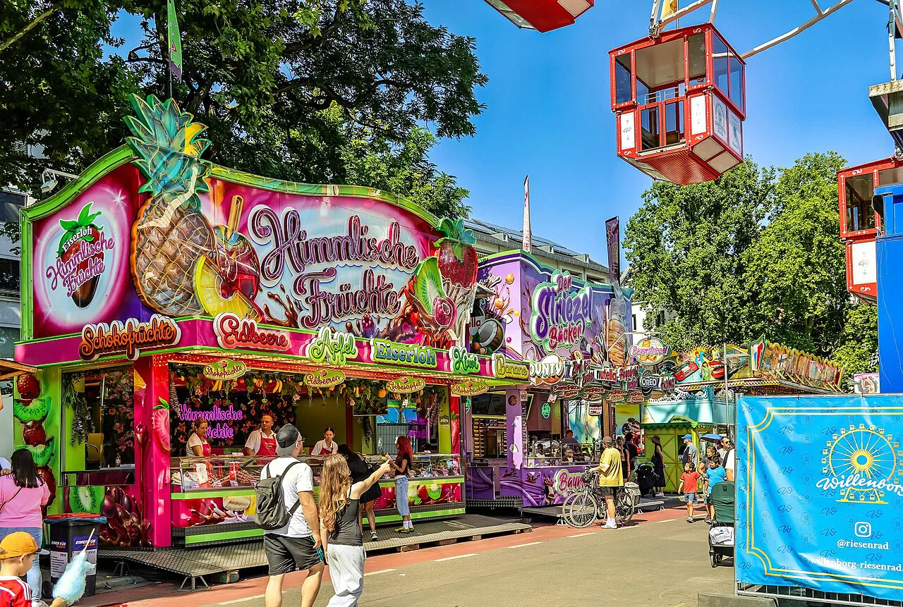 Food stands at the Mainfest on the Main riverbank, Frankfurt am Main.