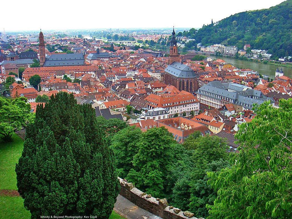 Red rooftops of Heidelberg's old town beside the Neckar River.