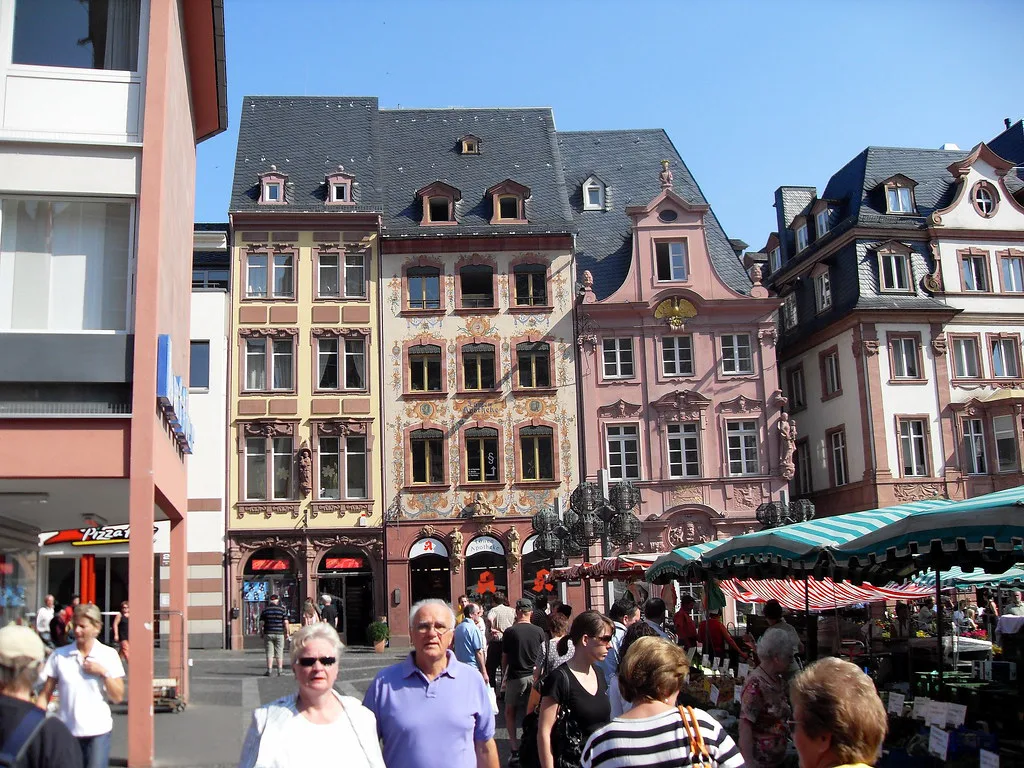 Saturday market stalls in front of old-town houses, Mainz.