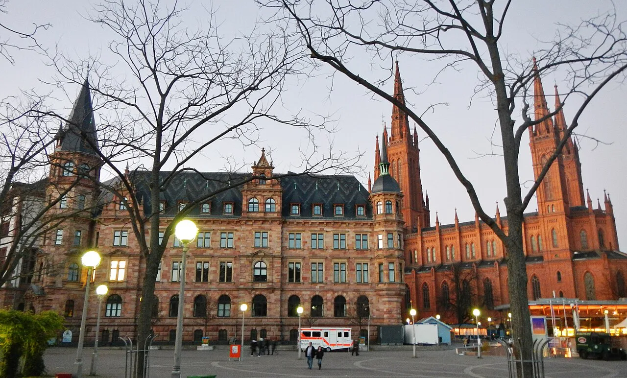 Marktplatz with the Rathaus and Marktkirche at dusk, Wiesbaden.