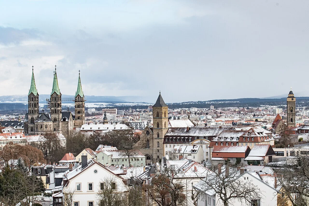 Bamberg Cathedral and old-town rooftops seen from Altenburger Straße, Bamberg.