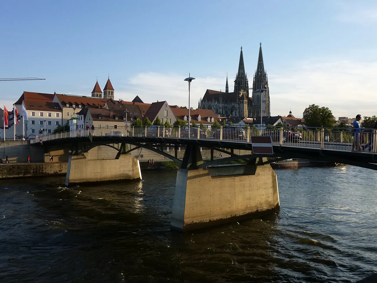 The Iron Bridge and Regensburg Cathedral above the old town, Regensburg.