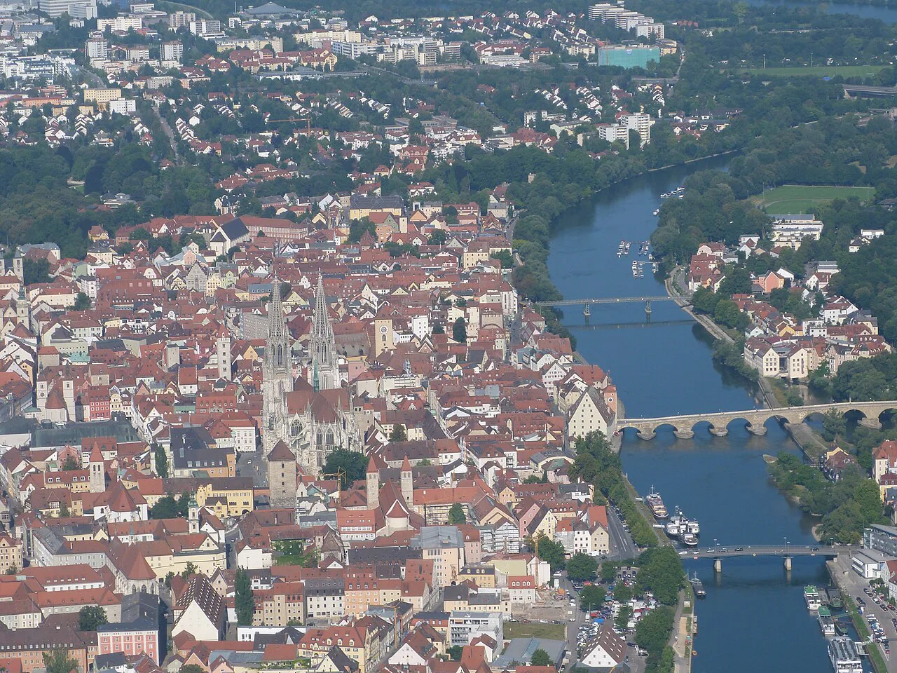 Aerial view of Regensburg's old town and the Danube bridges.