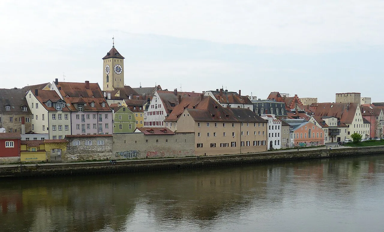 Regensburg's old town on the Danube, seen from the Stone Bridge.