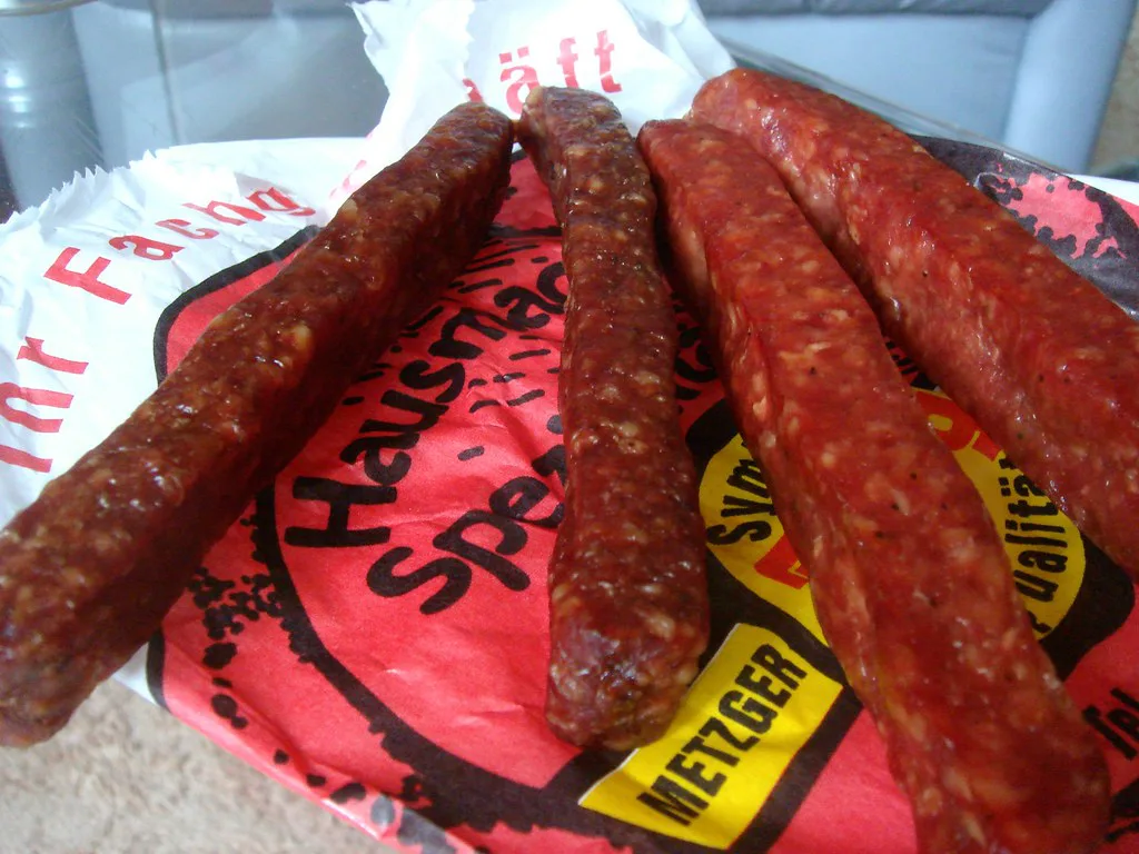 Landjäger dried sausages on butcher's paper.