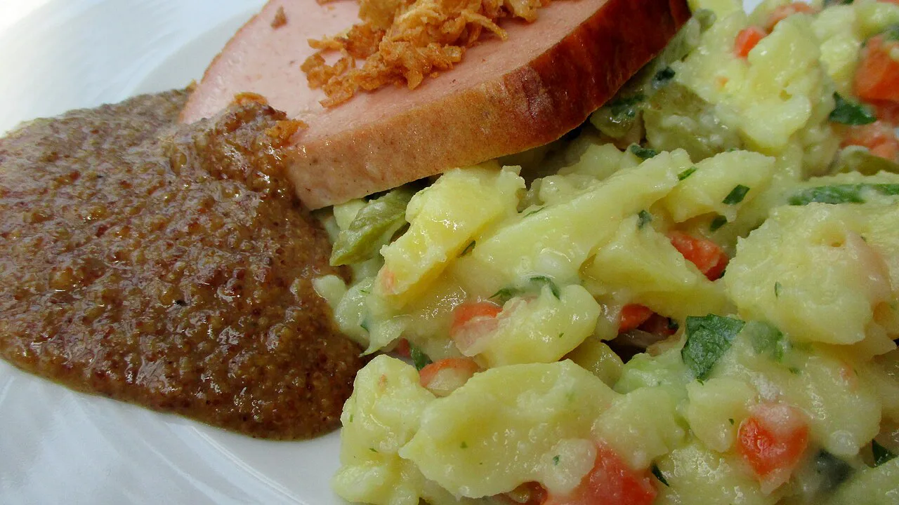 Leberkäse with potato salad and sweet mustard.