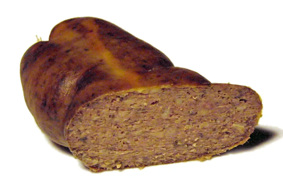 Cooked and smoked liverwurst cut open.