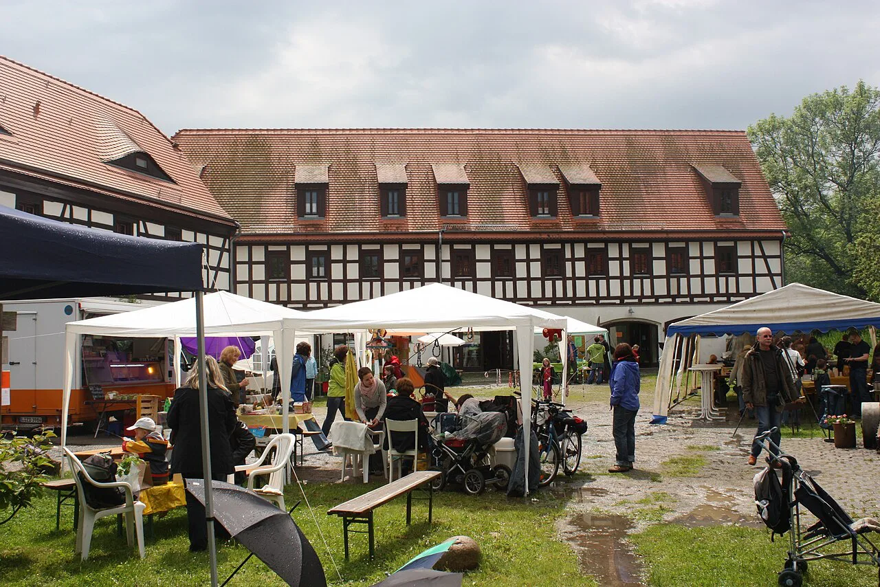 Market stalls at the Dölitz water mill on German Mill Day, Leipzig.
