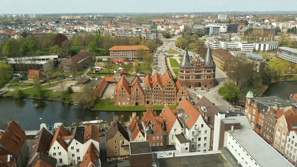 The Holstentor gate and old town seen from St. Peter's Church tower, Lübeck.