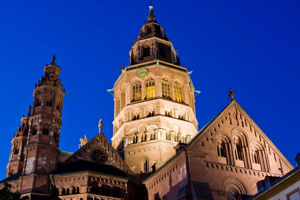 Mainz Cathedral lit up at night, Mainz.