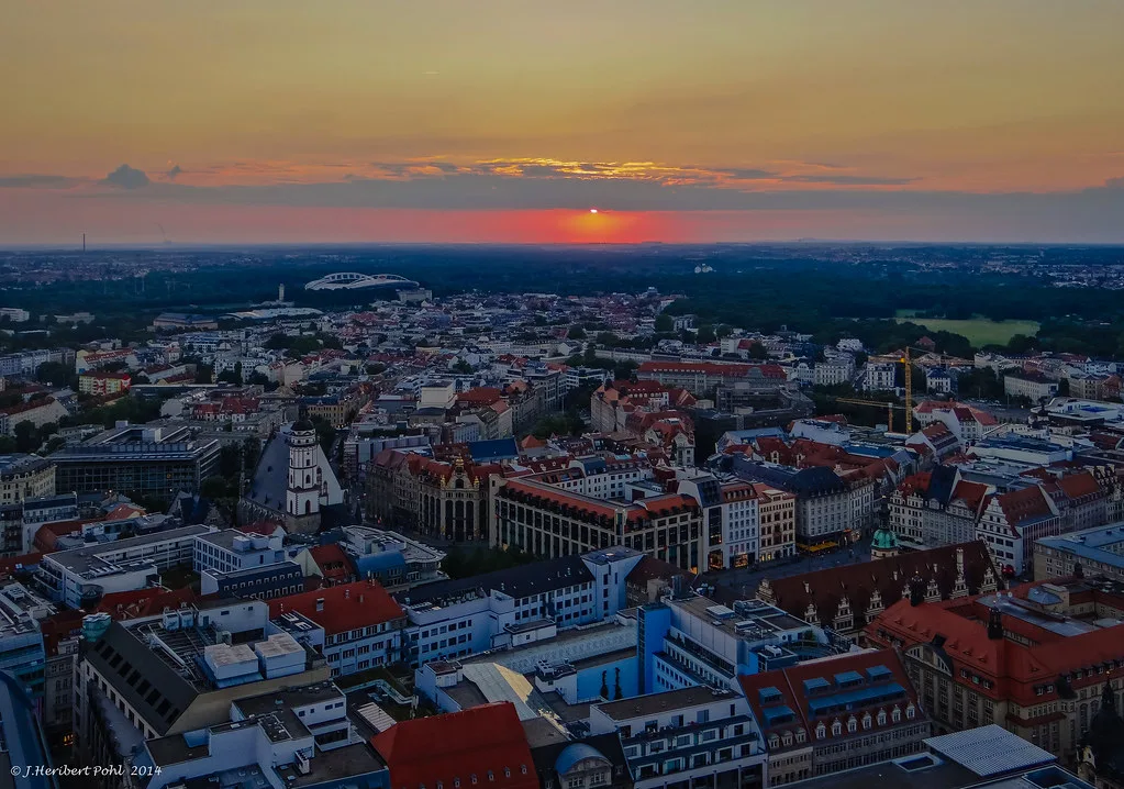 Sunset over the old town rooftops, Leipzig.