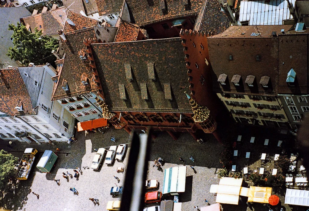 Münsterplatz and its market seen from the Minster tower, Freiburg.