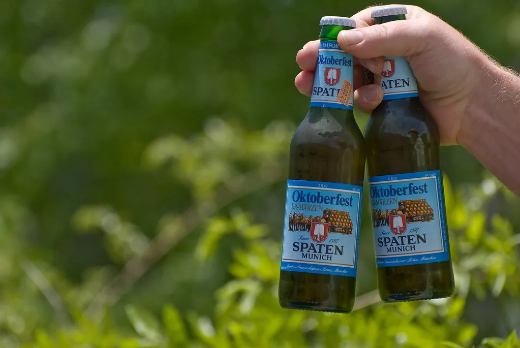 Two bottles of Spaten Oktoberfest Ur-Märzen.