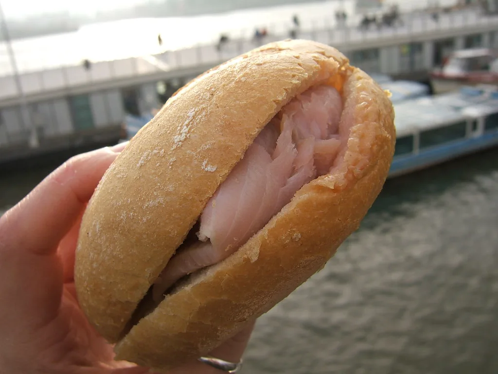 A Matjesbrötchen, herring in a bread roll, in Hamburg.