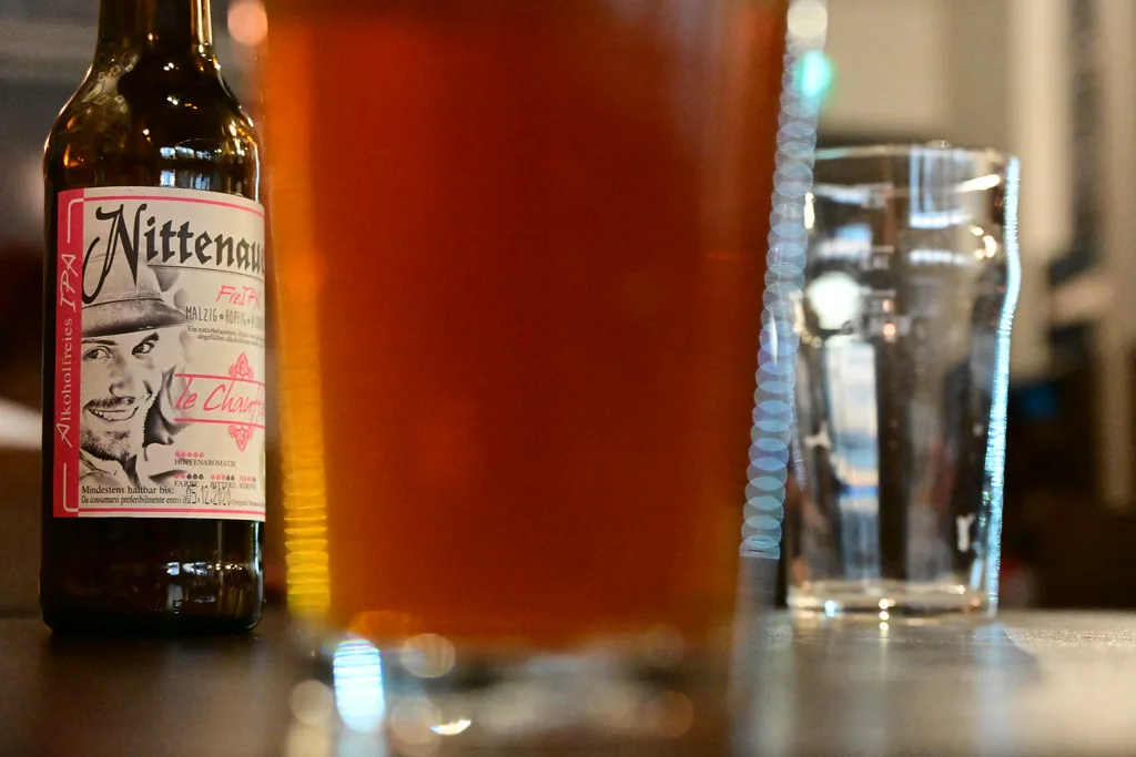 A bottle and a glass of non-alcoholic beer.