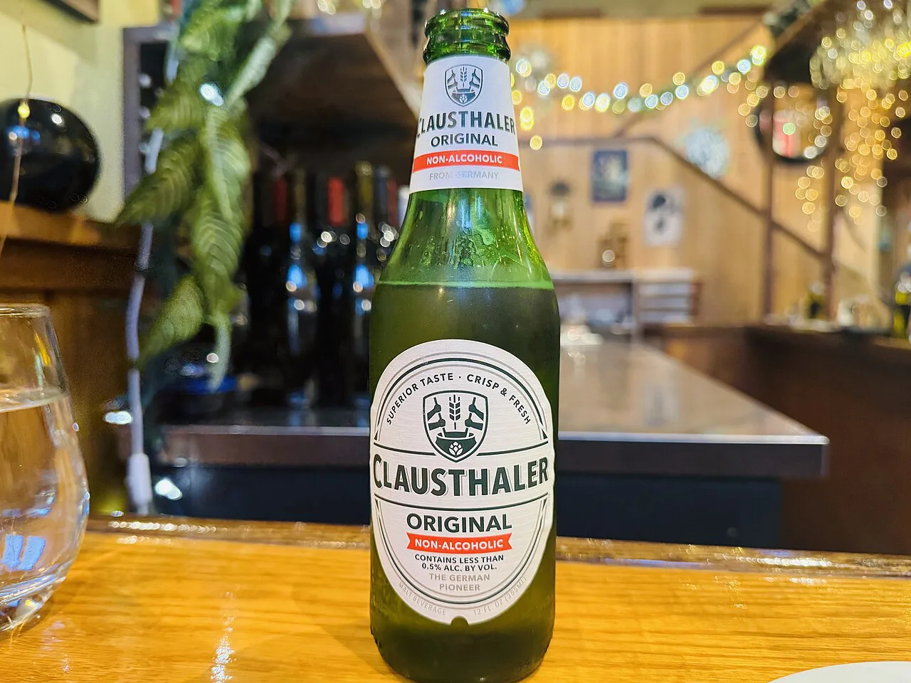 A bottle of Clausthaler Original non-alcoholic beer.