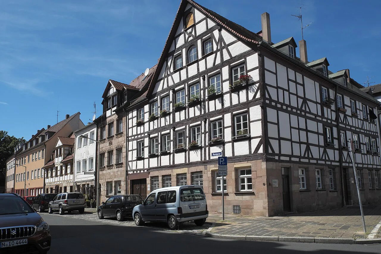Half-timbered houses on Mostgasse in the old town, Nuremberg.