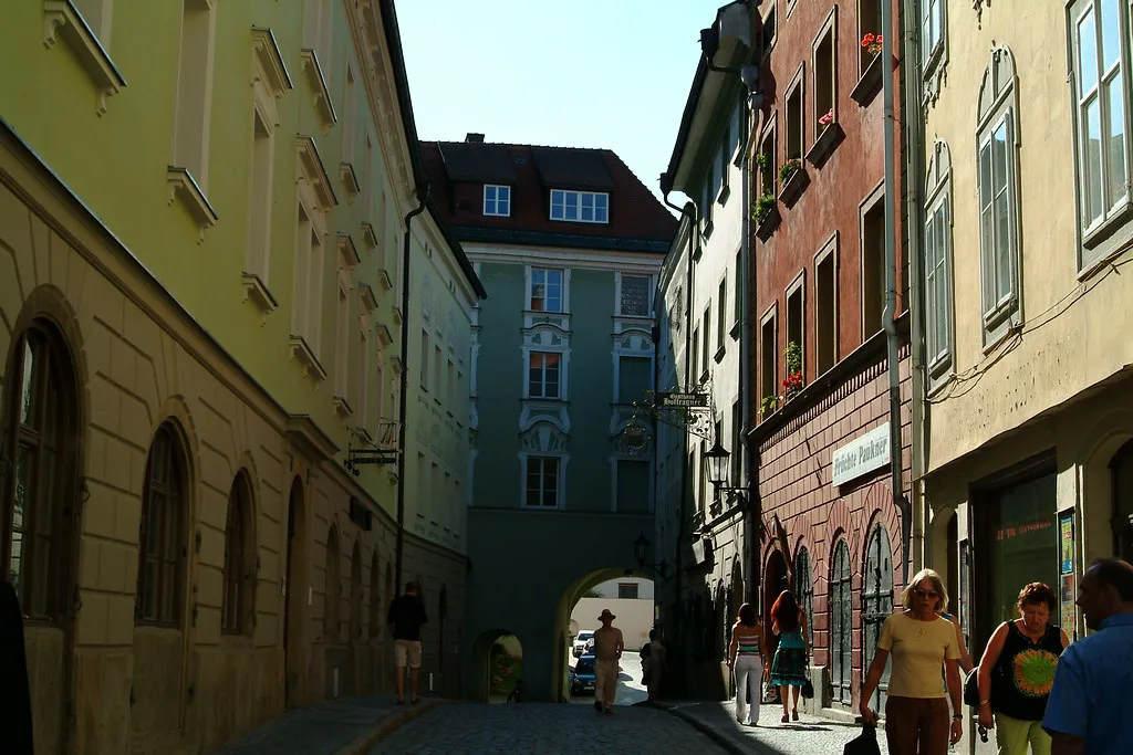 A narrow old-town street in Passau.