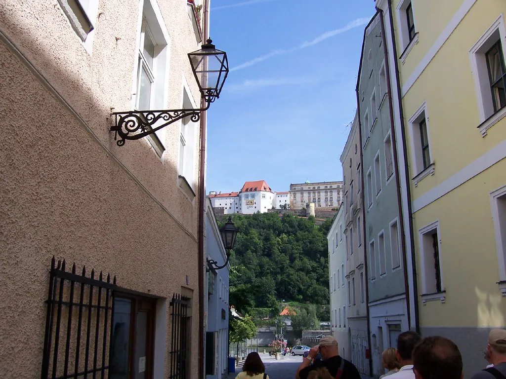 Veste Oberhaus fortress seen from an old-town street, Passau.