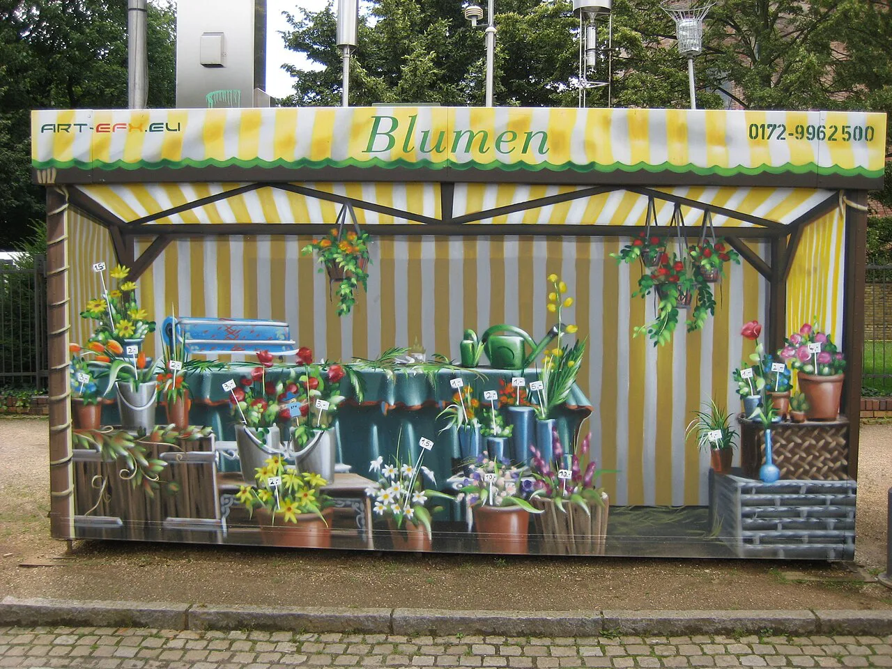 Transformer box painted as a flower stall at the Bassinplatz weekly market, Potsdam.