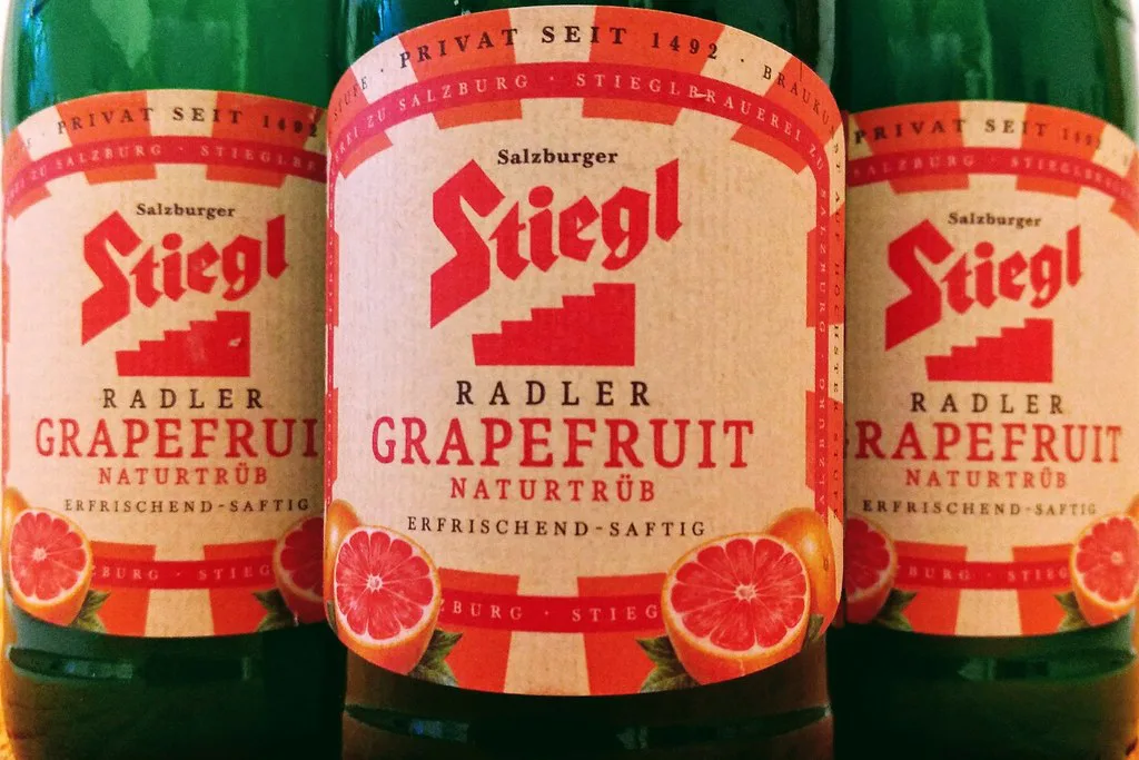 Bottles of Stiegl grapefruit Radler, an Austrian shandy-style beer.