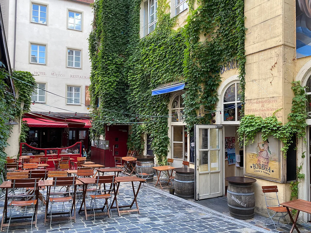 Café tables in a vine-covered courtyard on Vor der Grieb, Regensburg.