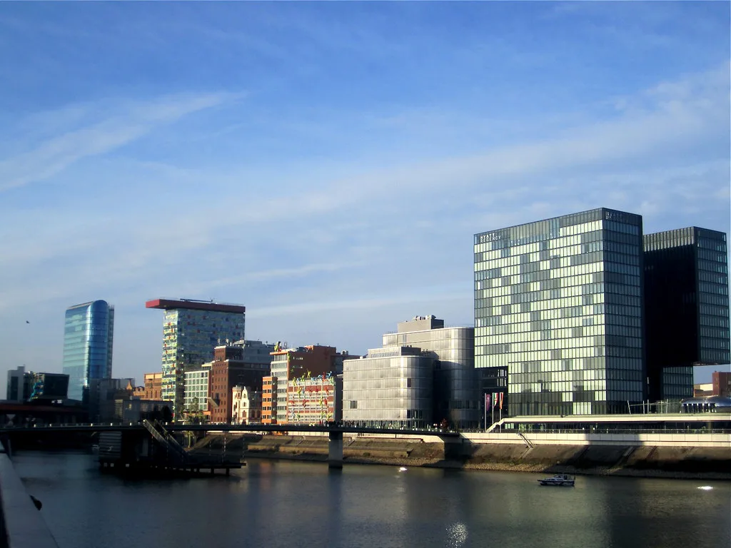 Modern buildings along the Medienhafen harbor, Düsseldorf.