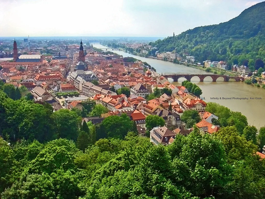 View over Heidelberg's old town and the Old Bridge on the Neckar River.
