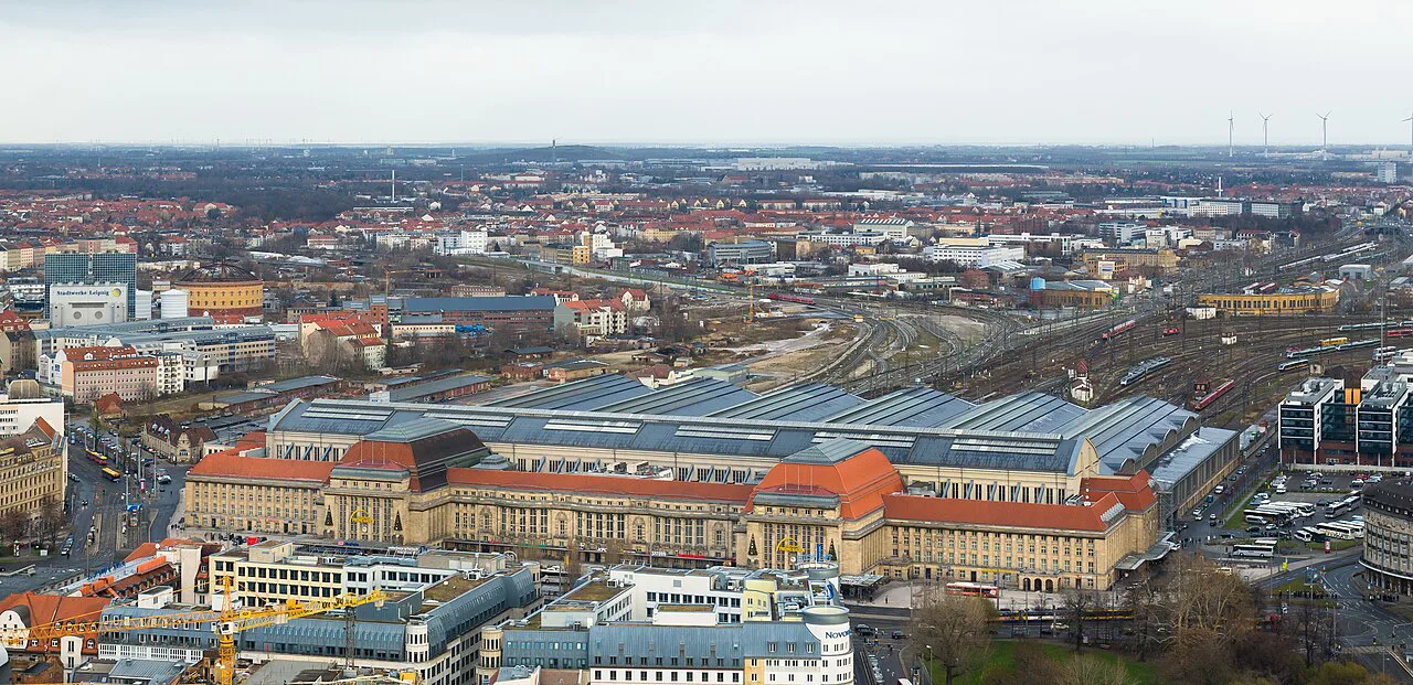 Leipzig Central Station seen from the Panorama Tower.