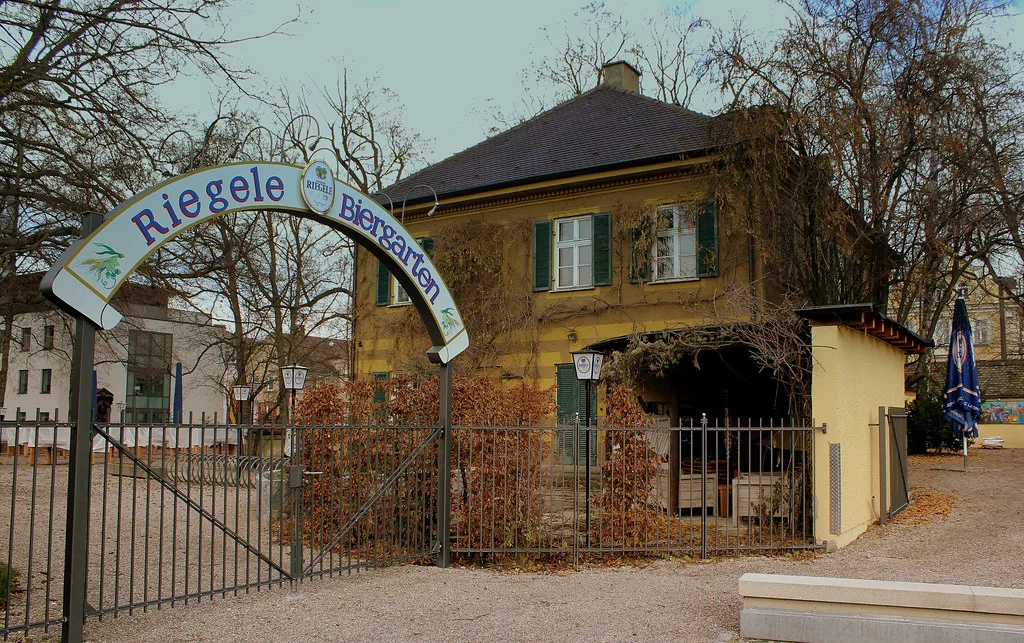 The entrance arch of the Riegele brewery beer garden, Augsburg.