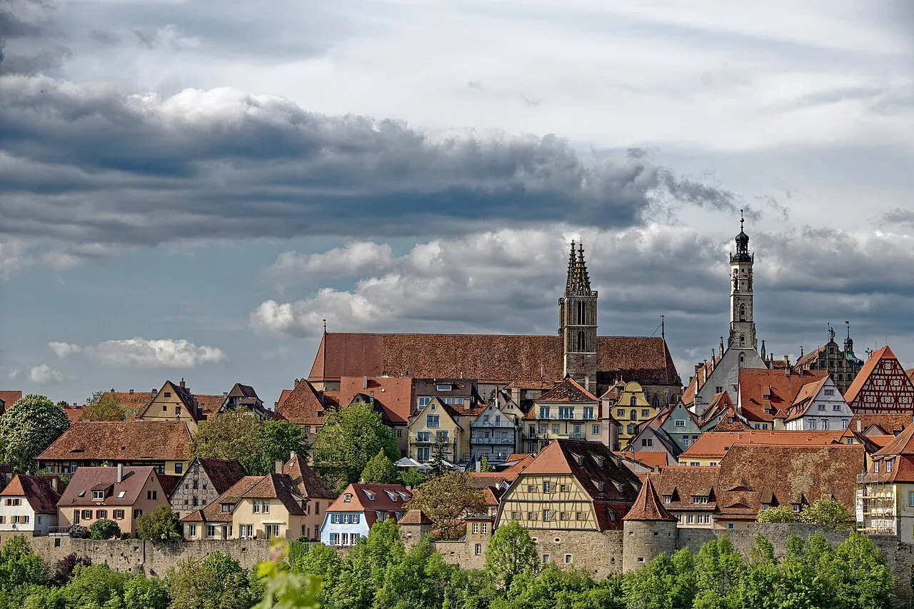 The old town of Rothenburg ob der Tauber seen from the southwest.