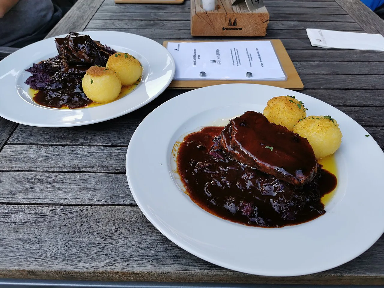 Sauerbraten with dumplings at a restaurant in Sonderhofen, Franconia.