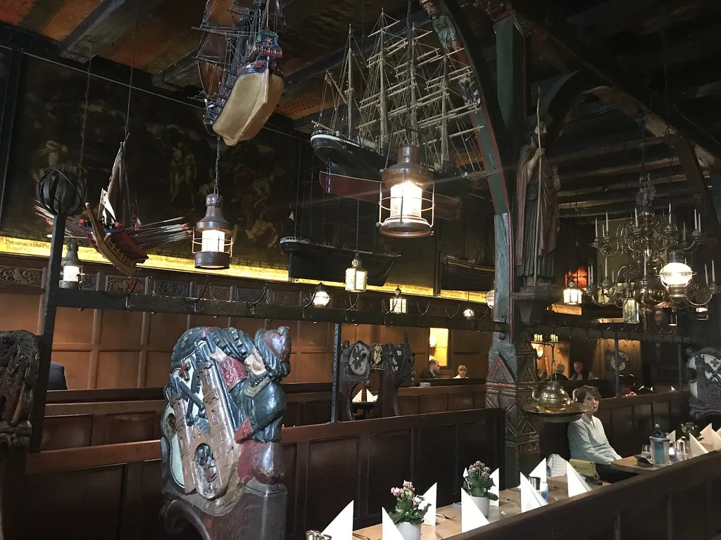 Ship models hanging above the dining hall of the Schiffergesellschaft, Lübeck.
