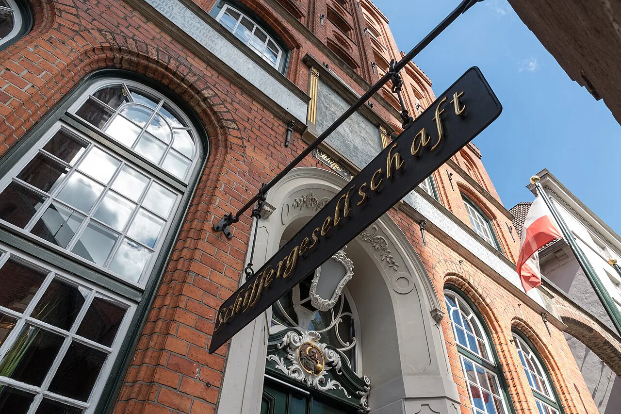 The Schiffergesellschaft house and sign on Breite Straße, Lübeck.