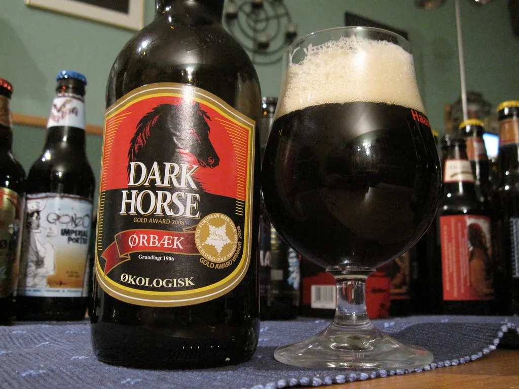 Dark Horse, a Danish-brewed German-style Schwarzbier, poured into a glass.