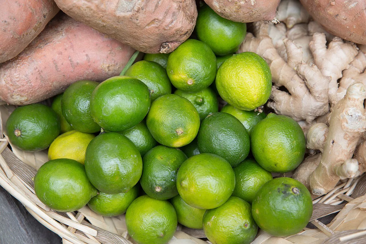 Limes and ginger for sale at the Stadtmarkt, Augsburg.