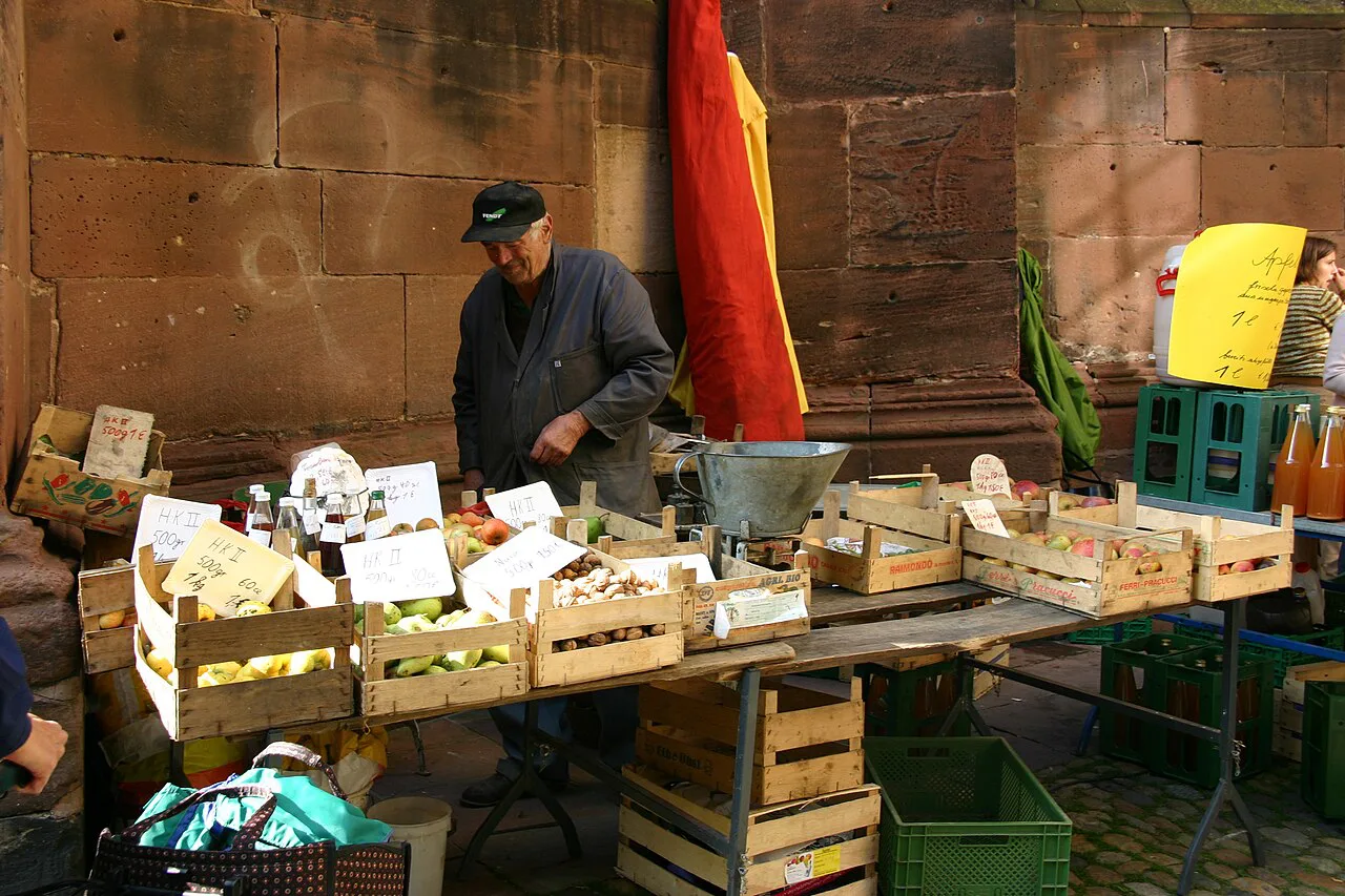 A produce stall at the Münsterplatz market, Freiburg.