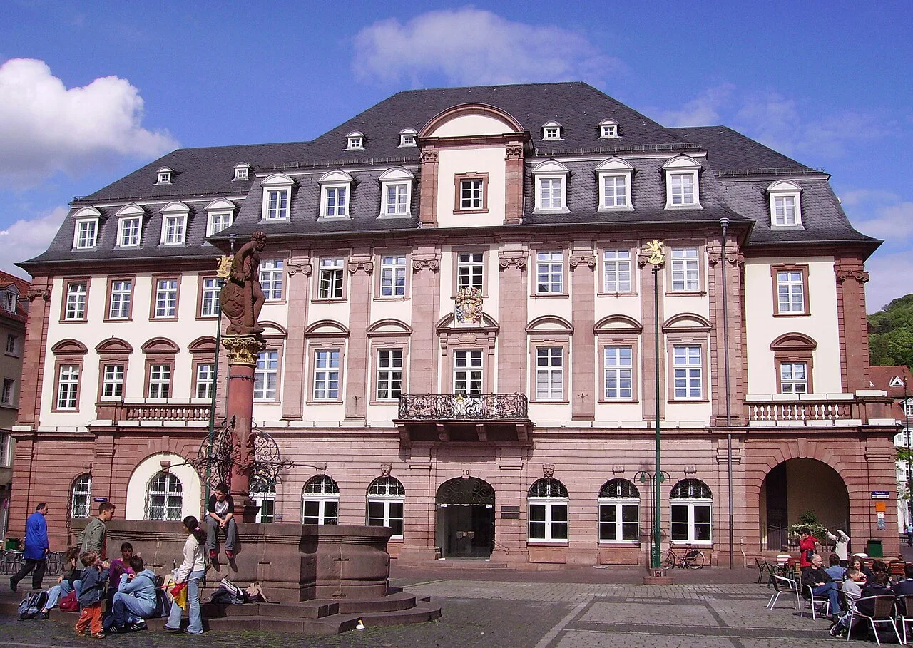 Hercules Fountain and the Town Hall on Heidelberg's Marktplatz.