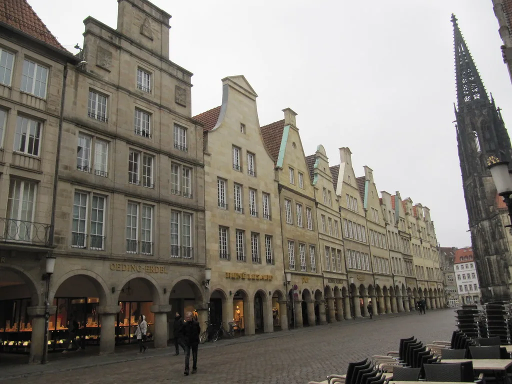 Gabled houses on the Prinzipalmarkt with St. Lambert's Church, Münster.