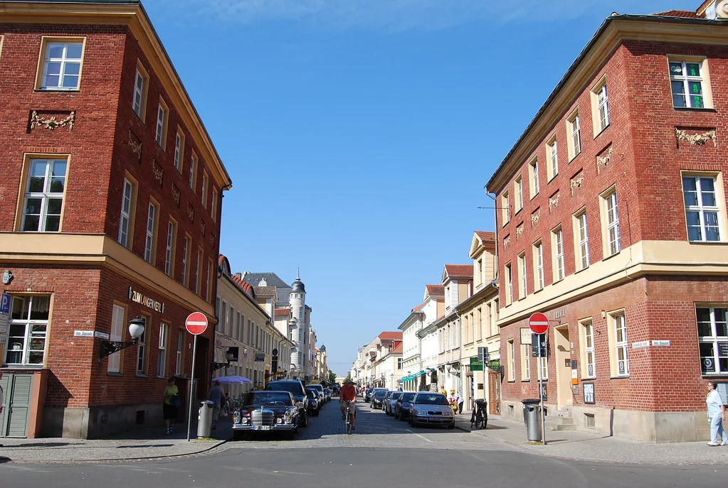 A street of brick and stucco houses in Potsdam's city center.