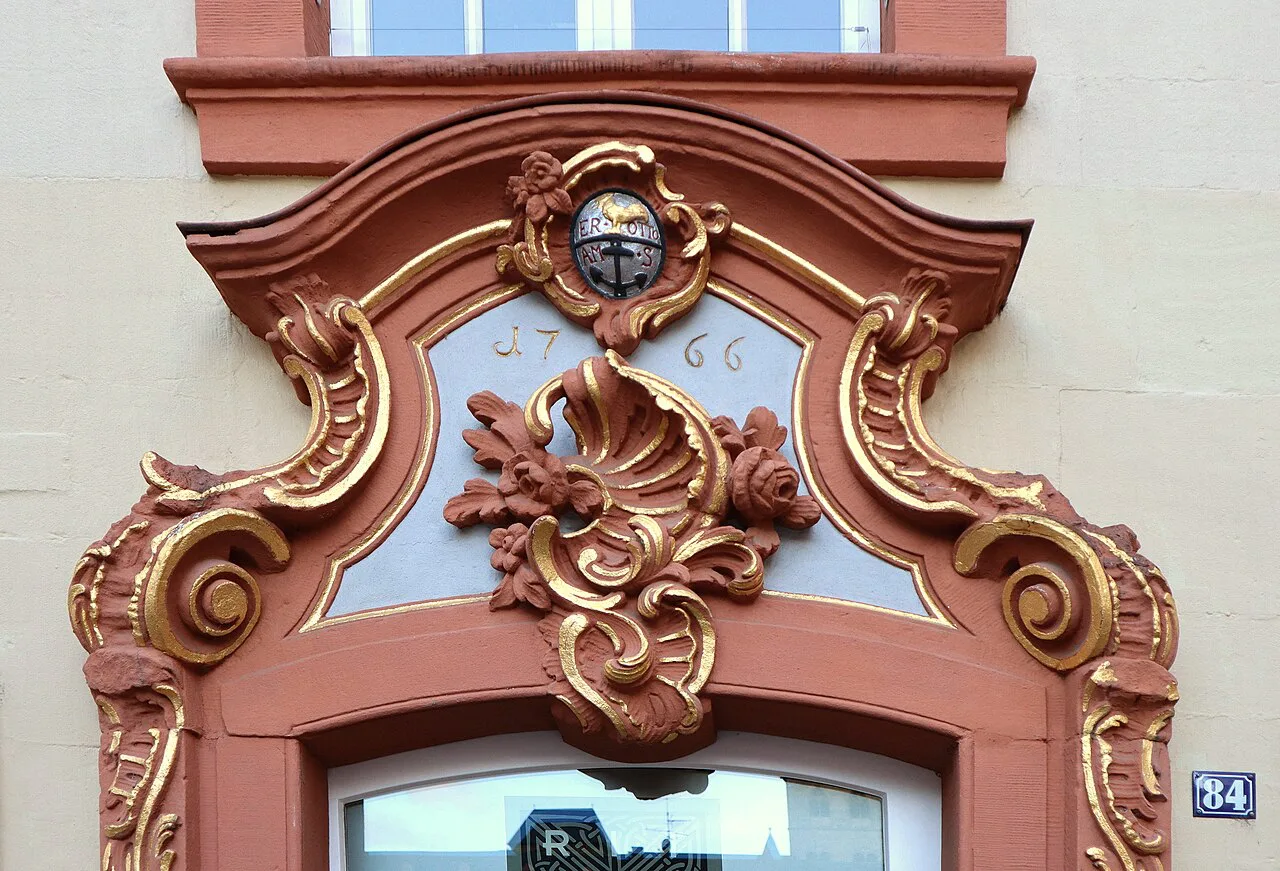 Ornate 1766 doorway of the former inn Zum schwarzen Ochsen on Fleischstraße, Trier.