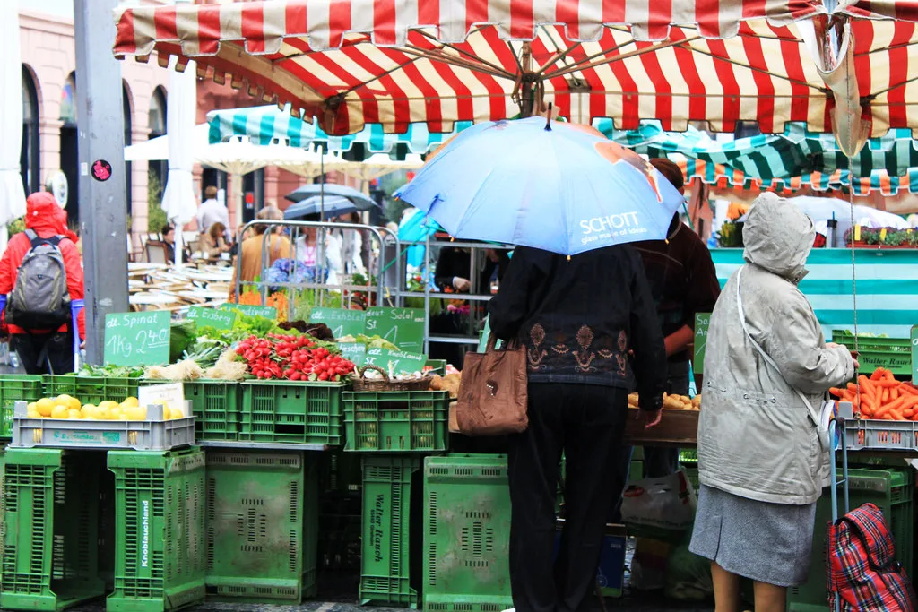 Fruit and vegetable stalls at an outdoor farmers' market in Trier.