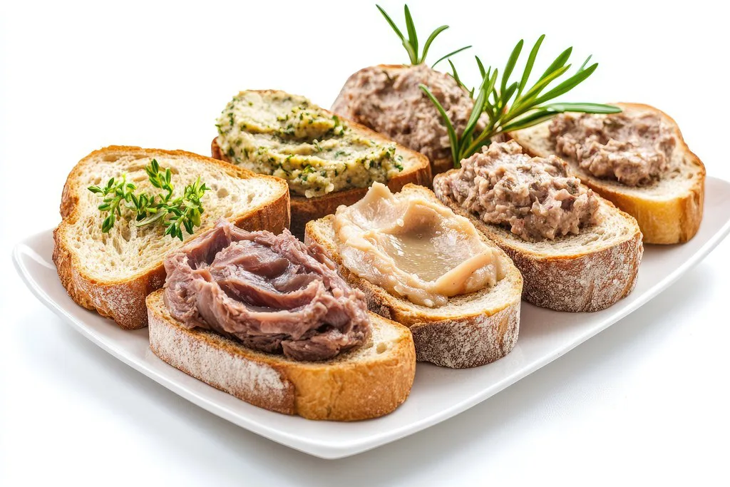 Slices of bread topped with meat spreads such as Teewurst.