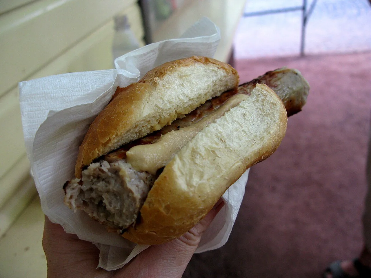 A Thuringian bratwurst in a bread roll in Eisenach.