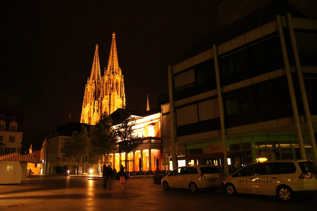 Regensburg Cathedral lit up at night, Regensburg.