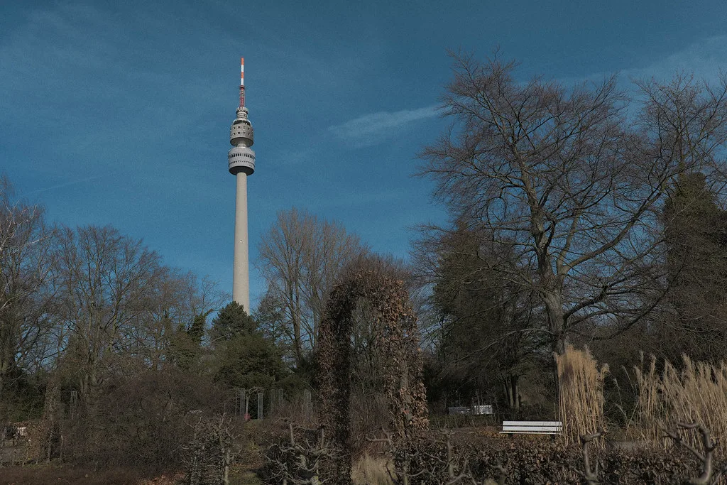 The Florianturm rising above the trees of Westfalenpark, Dortmund.